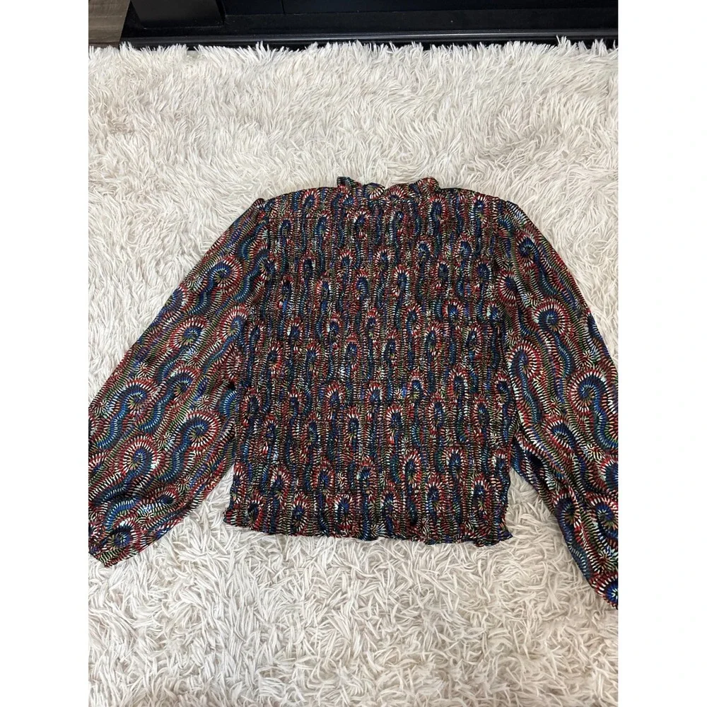 Traffic People Smocked Peasant Blouse Abstract Print Puff Sleeve Women Small - Picture 7 of 7